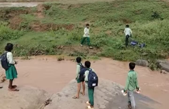 जान हथेली पर लेकर स्कूल जाने को विवश हैं पोटम गांव के बच्चे, उफनते नाले को पार कर पहुंचते हैं विद्यालय