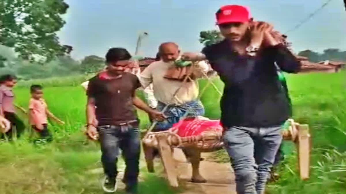पक्की सड़क नहीं होने से बीमार महिला को खाट पर पहुंचाया मुख्य सड़क