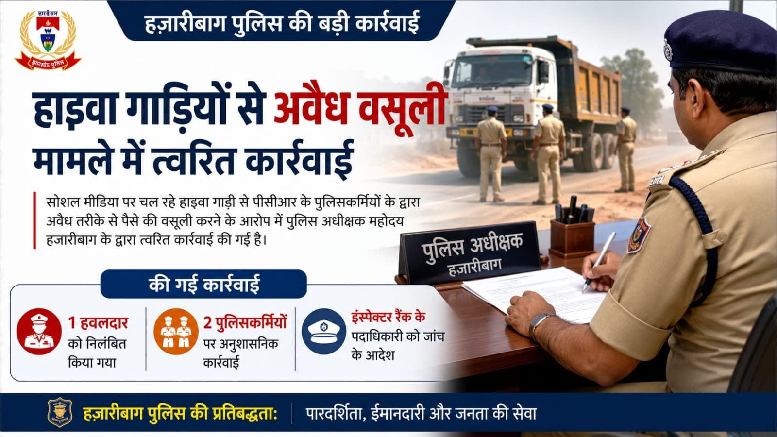 पुलिसकर्मियों की अवैध वसूली पर हजारीबाग पुलिस अधीक्षक ने की त्वरित कार्रवाई