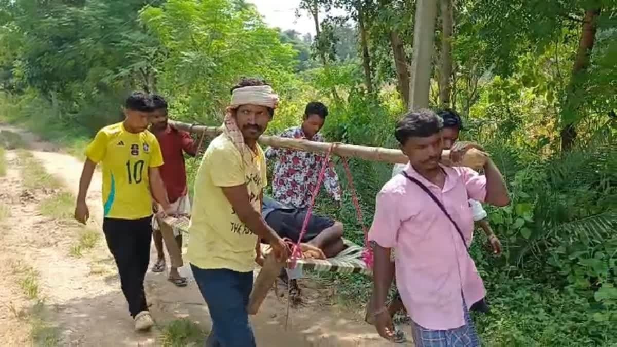 महुआडांड़ में सड़क-पुल की सुविधा नहीं, मरीज को खटिया पर ढोने को मजबूर ग्रामीण