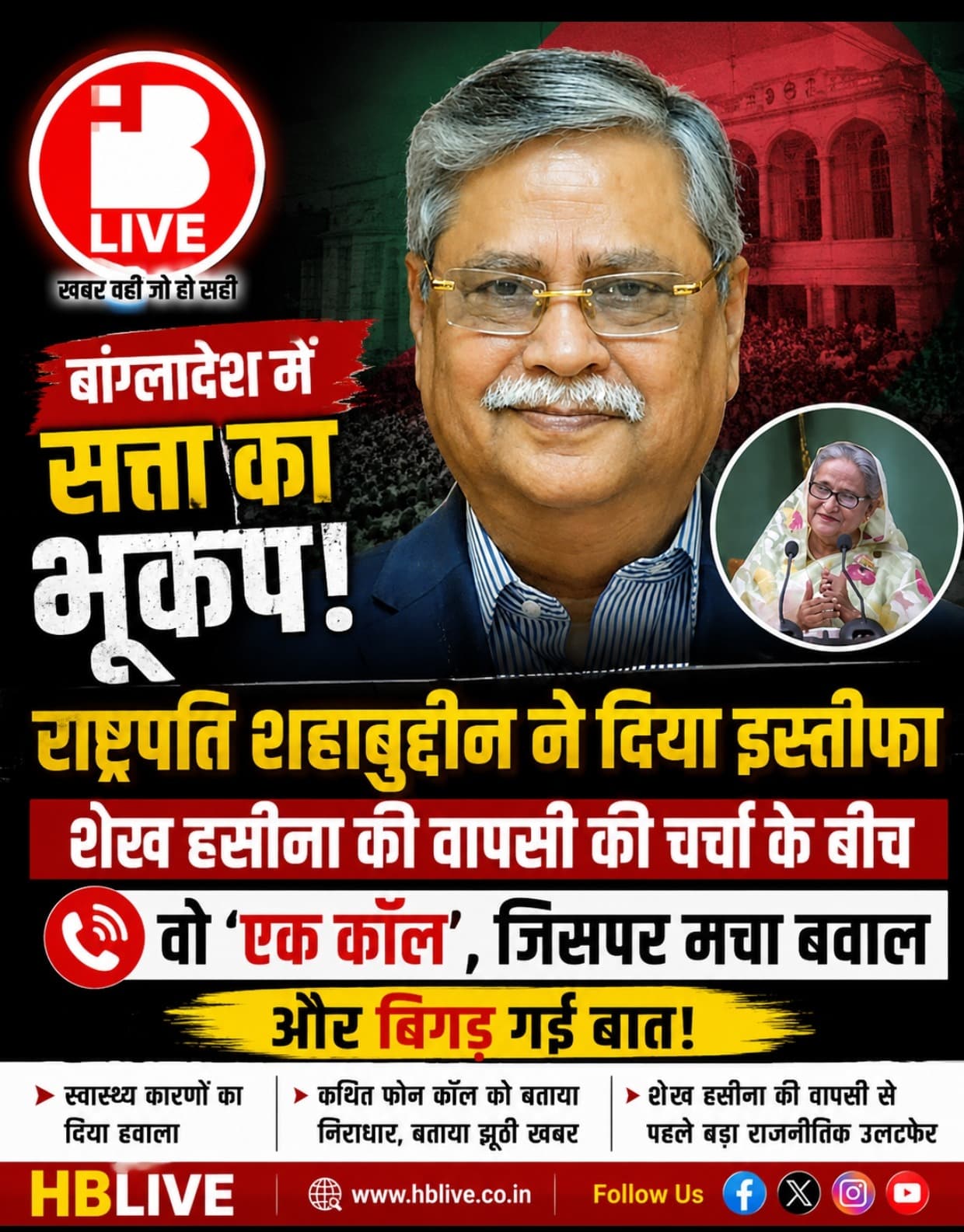 🇧🇩 बांग्लादेश में सत्ता का बड़ा भूचाल! राष्ट्रपति शहाबुद्दीन ने दिया इस्तीफा, शेख हसीना की वापसी से पहले 'एक कॉल' पर मचा सियासी बवाल