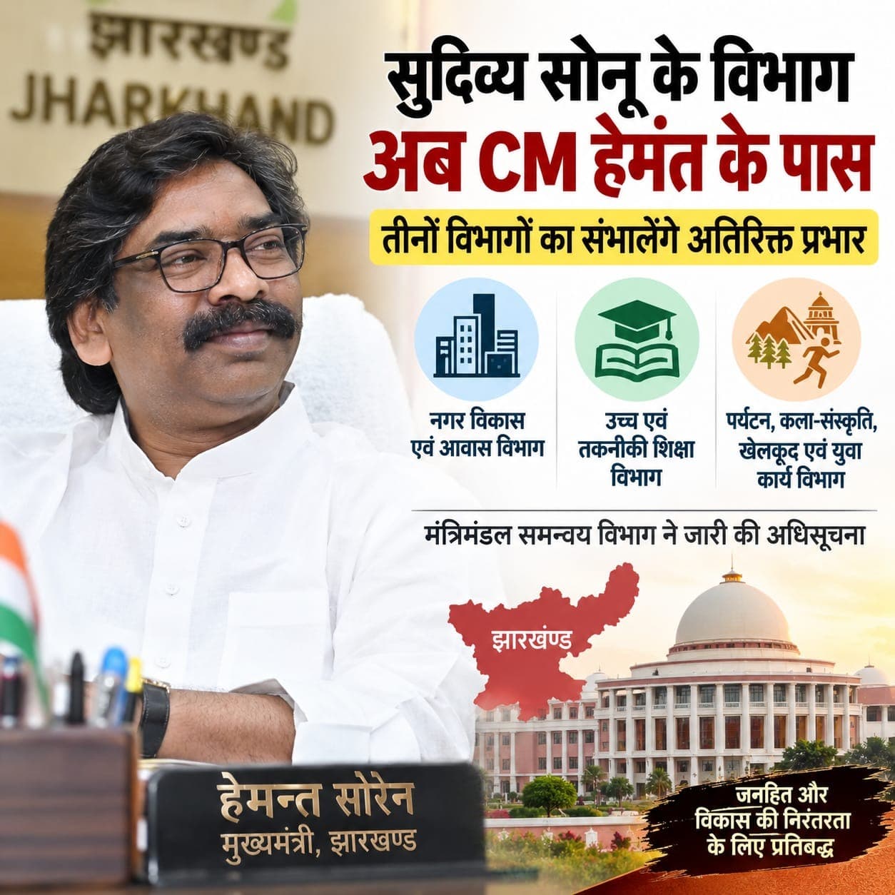 सुदिव्य सोनू के विभाग अब CM हेमंत के पास, तीनों विभागों का संभालेंगे अतिरिक्त प्रभार